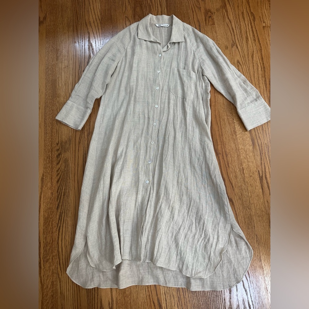 NWOT Zara Beige Linen Maxi Button Down Shirt Dress Duster